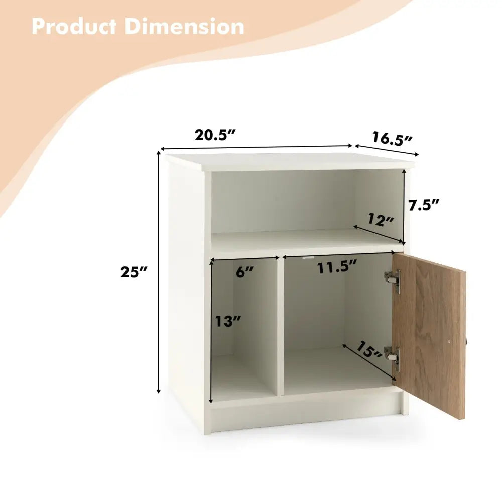 2 Pieces 25 Inch Tall Nightstands with Door and 2 Open Shelves-White - White - Nightstands