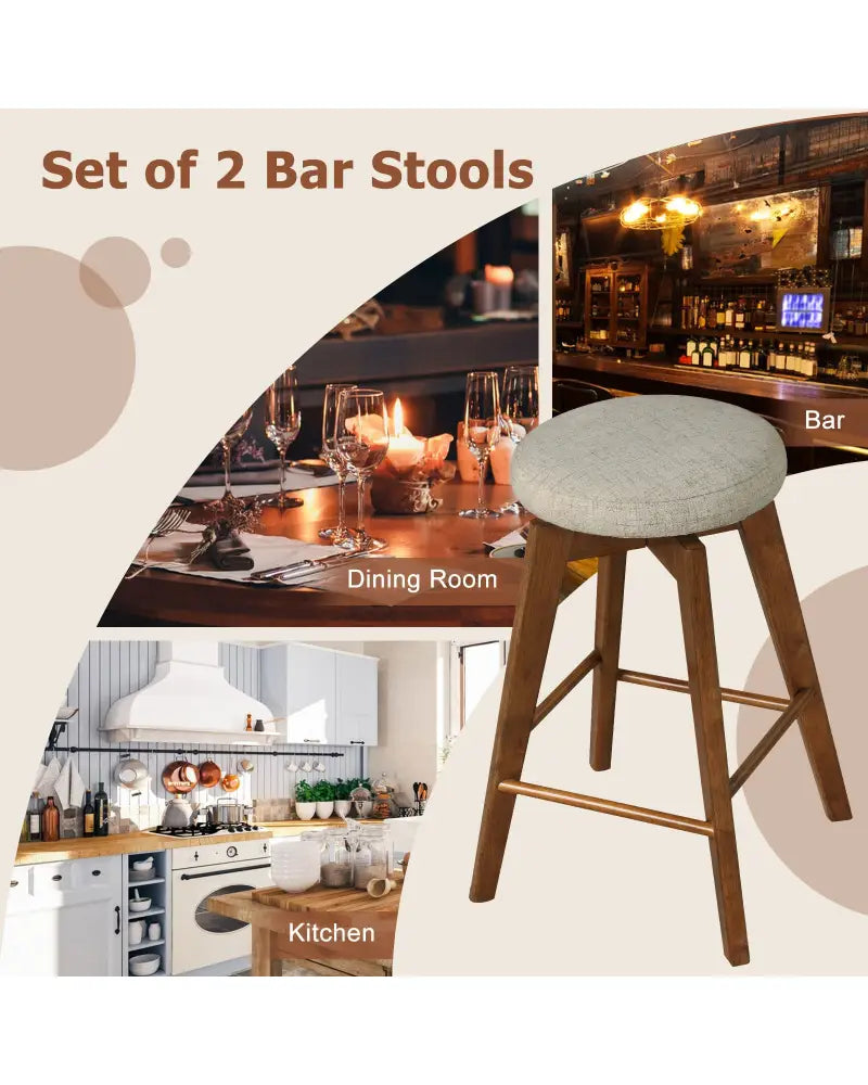 2 Pieces 26 Inch Backless Swivel Barstools with Linen Fabric Seat-Beige - Beige - Bar Stools