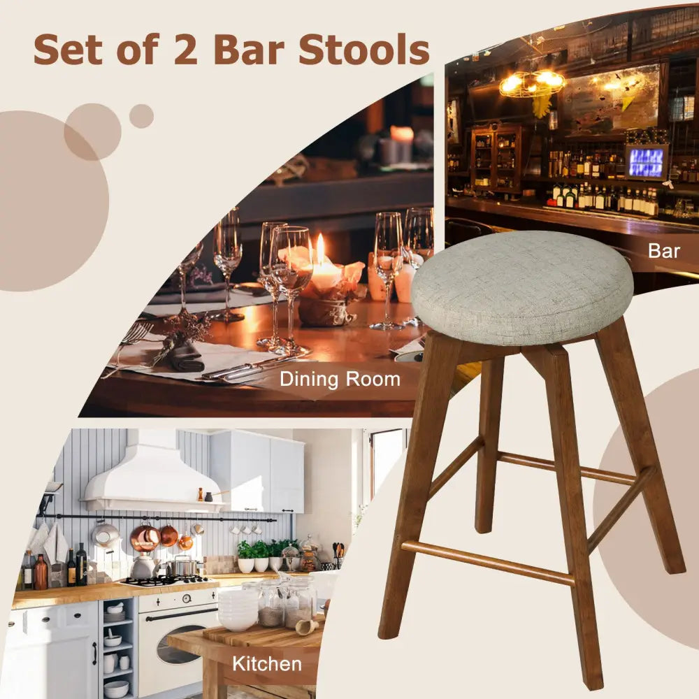 2 Pieces 26 Inch Backless Swivel Barstools with Linen Fabric Seat-Beige - Beige - Bar Stools