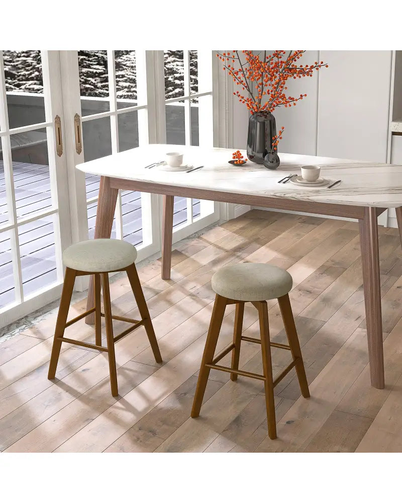 2 Pieces 26 Inch Backless Swivel Barstools with Linen Fabric Seat-Beige - Beige - Bar Stools