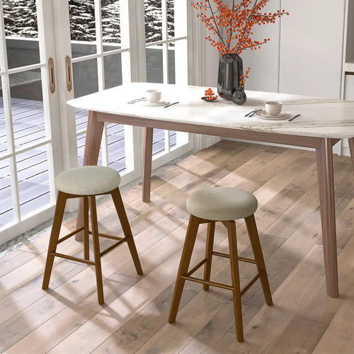 2 Pieces 26 Inch Backless Swivel Barstools with Linen Fabric Seat-Beige - Beige - Bar Stools