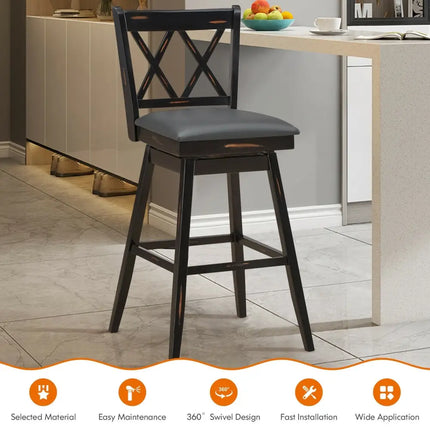 2 Pieces 29 Inch Swivel Counter Height Barstool Set with Rubber Wood Legs-Black Costway