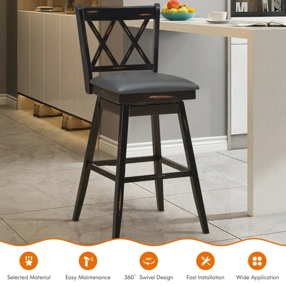 2 Pieces 29 Inch Swivel Counter Height Barstool Set with Rubber Wood Legs-Black Costway