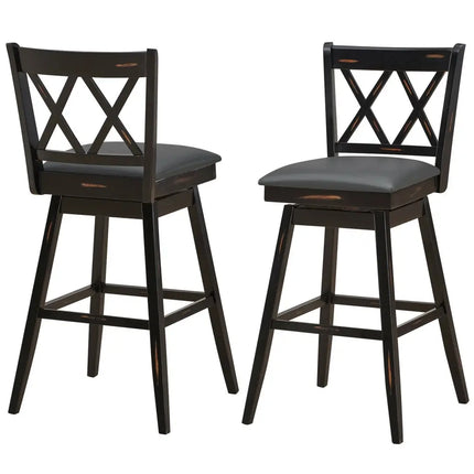 2 Pieces 29 Inch Swivel Counter Height Barstool Set with Rubber Wood Legs-Black Costway