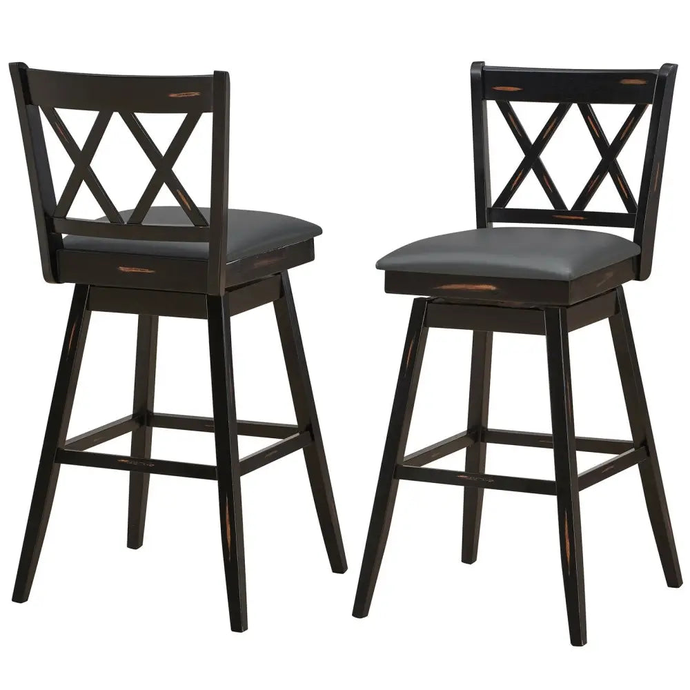 2 Pieces 29 Inch Swivel Counter Height Barstool Set with Rubber Wood Legs-Black Costway