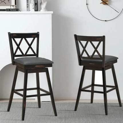 2 Pieces 29 Inch Swivel Counter Height Barstool Set with Rubber Wood Legs-Black Costway