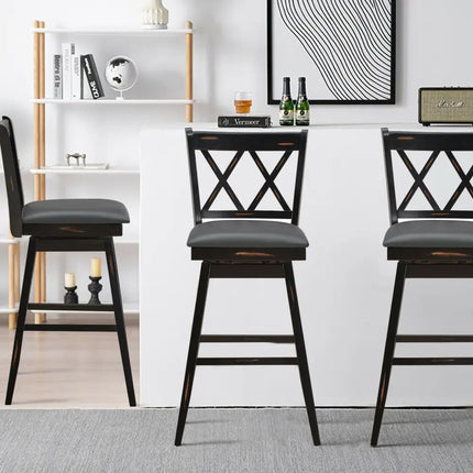 2 Pieces 29 Inch Swivel Counter Height Barstool Set with Rubber Wood Legs-Black Costway