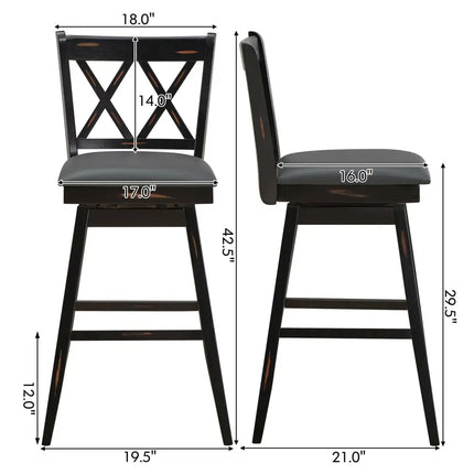 2 Pieces 29 Inch Swivel Counter Height Barstool Set with Rubber Wood Legs-Black Costway