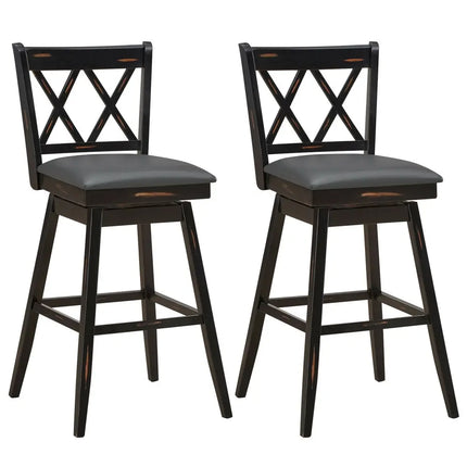2 Pieces 29 Inch Swivel Counter Height Barstool Set with Rubber Wood Legs-Black Costway