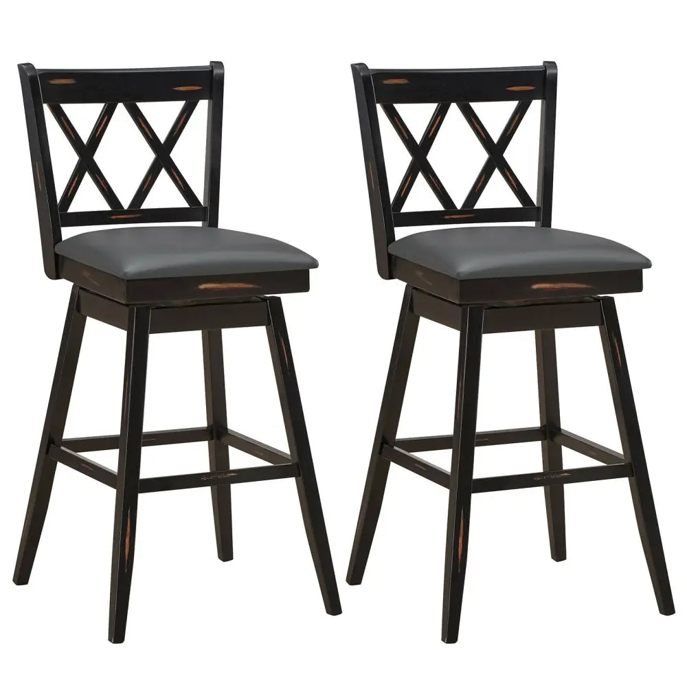 2 Pieces 29 Inch Swivel Counter Height Barstool Set with Rubber Wood Legs-Black Costway