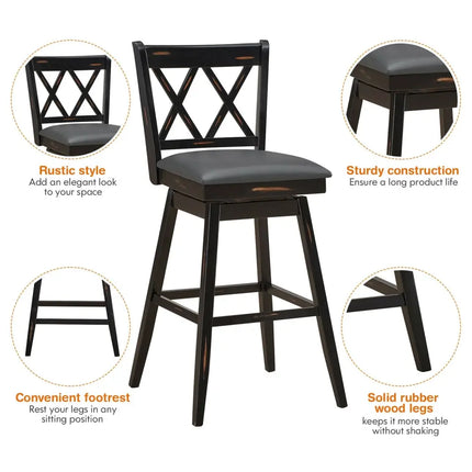 2 Pieces 29 Inch Swivel Counter Height Barstool Set with Rubber Wood Legs-Black Costway