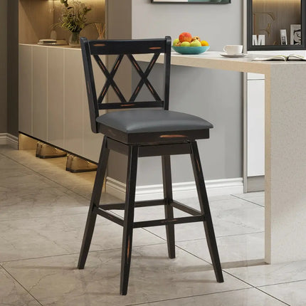2 Pieces 29 Inch Swivel Counter Height Barstool Set with Rubber Wood Legs-Black Costway