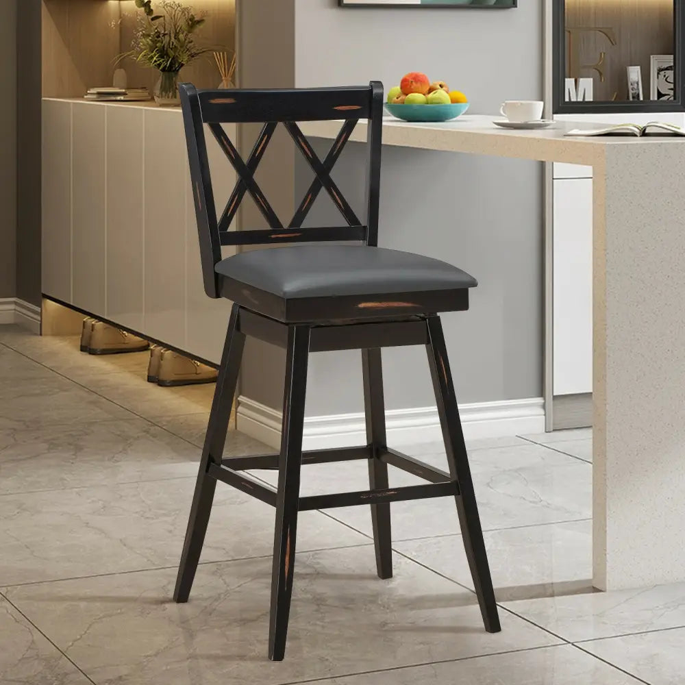 2 Pieces 29 Inch Swivel Counter Height Barstool Set with Rubber Wood Legs-Black Costway
