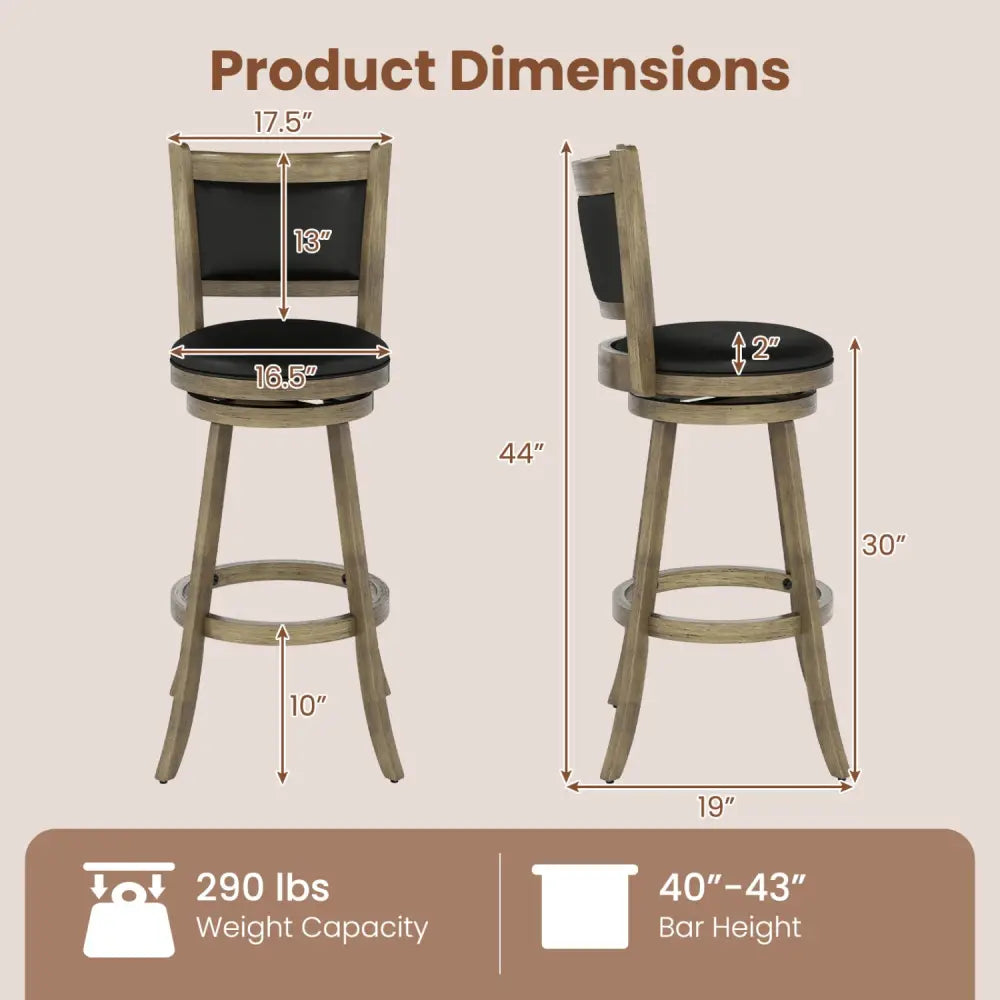 2 Pieces 29 Inch Wooden Swivel Height Bar Stool with PVC Cushioned Seat-Gray - Gray - Bar Stools