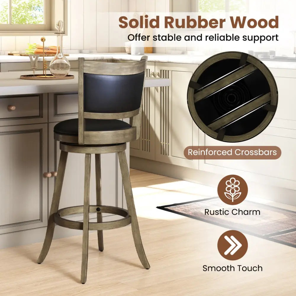 2 Pieces 29 Inch Wooden Swivel Height Bar Stool with PVC Cushioned Seat-Gray - Gray - Bar Stools