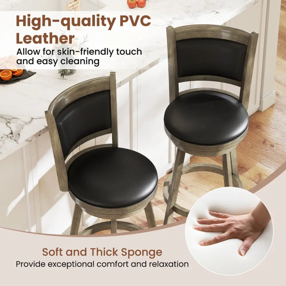 2 Pieces 29 Inch Wooden Swivel Height Bar Stool with PVC Cushioned Seat-Gray - Gray - Bar Stools