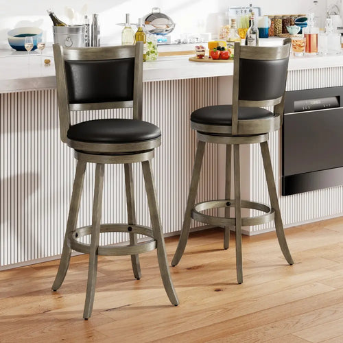 2 Pieces 29 Inch Wooden Swivel Height Bar Stool with PVC Cushioned Seat-Gray - Gray - Bar Stools