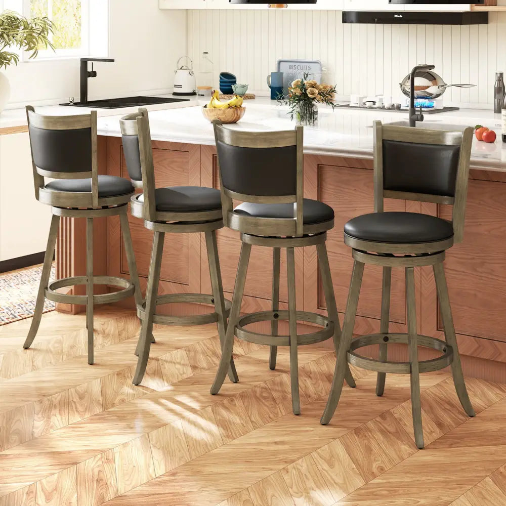2 Pieces 29 Inch Wooden Swivel Height Bar Stool with PVC Cushioned Seat-Gray - Gray - Bar Stools