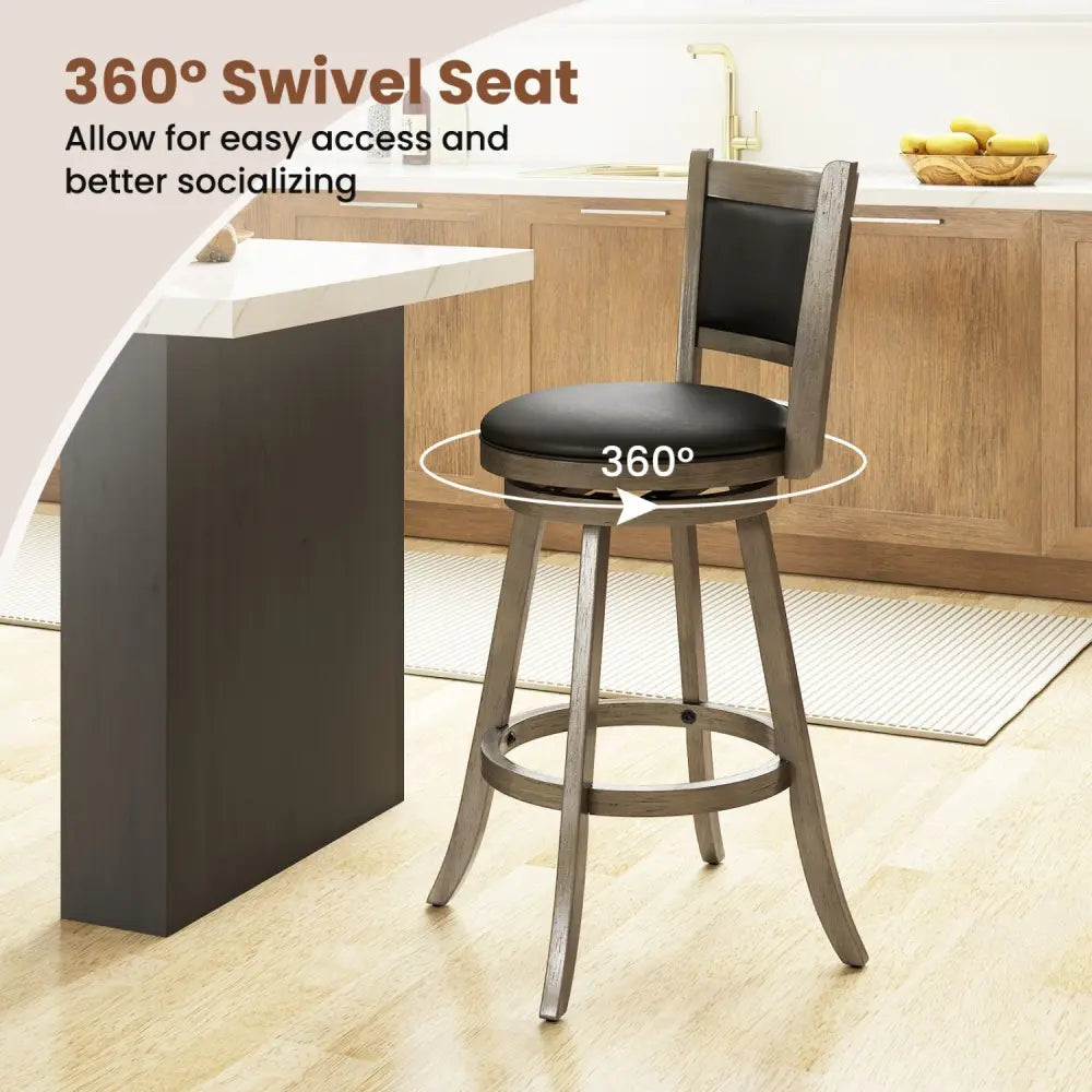 2 Pieces 29 Inch Wooden Swivel Height Bar Stool with PVC Cushioned Seat-Gray - Gray - Bar Stools