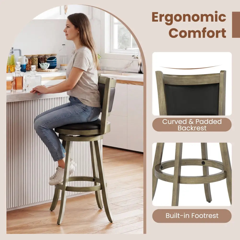 2 Pieces 29 Inch Wooden Swivel Height Bar Stool with PVC Cushioned Seat-Gray - Gray - Bar Stools