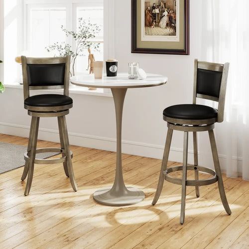 2 Pieces 29 Inch Wooden Swivel Height Bar Stool with PVC Cushioned Seat-Gray - Gray - Bar Stools