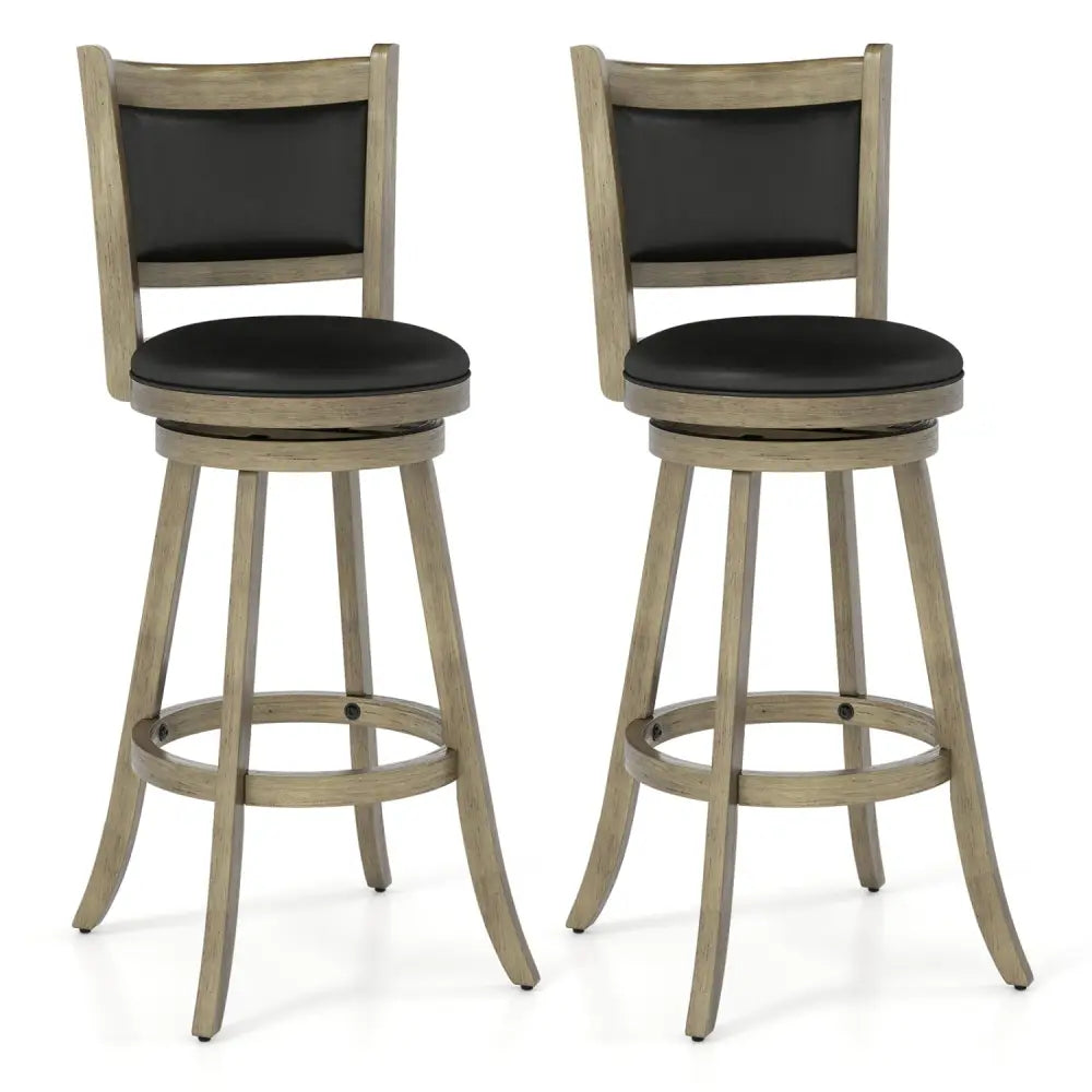 2 Pieces 29 Inch Wooden Swivel Height Bar Stool with PVC Cushioned Seat-Gray - Gray - Bar Stools