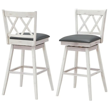 2 Pieces 29 Inches Swivel Counter Height Barstool Set with Rubber Wood Legs-White Costway