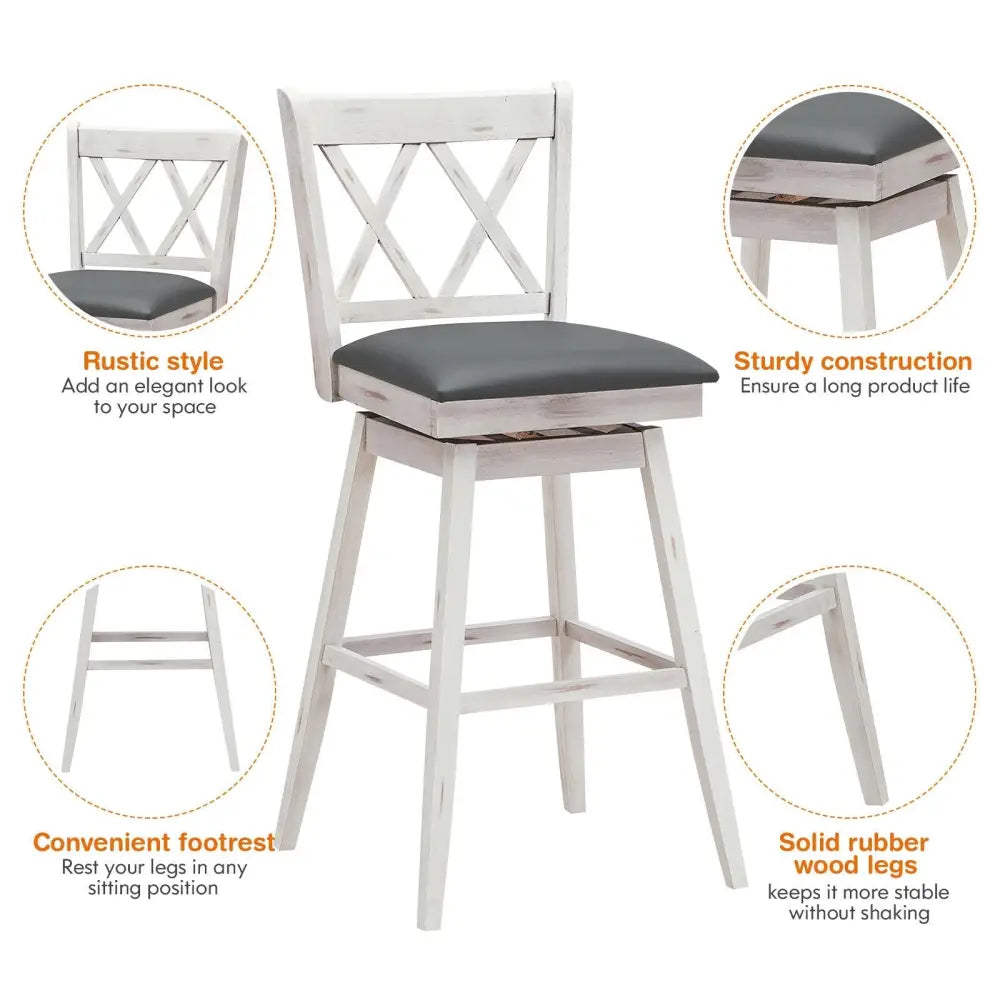 2 Pieces 29 Inches Swivel Counter Height Barstool Set with Rubber Wood Legs-White Costway