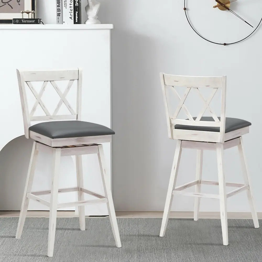 2 Pieces 29 Inches Swivel Counter Height Barstool Set with Rubber Wood Legs-White - White - Bar Stools