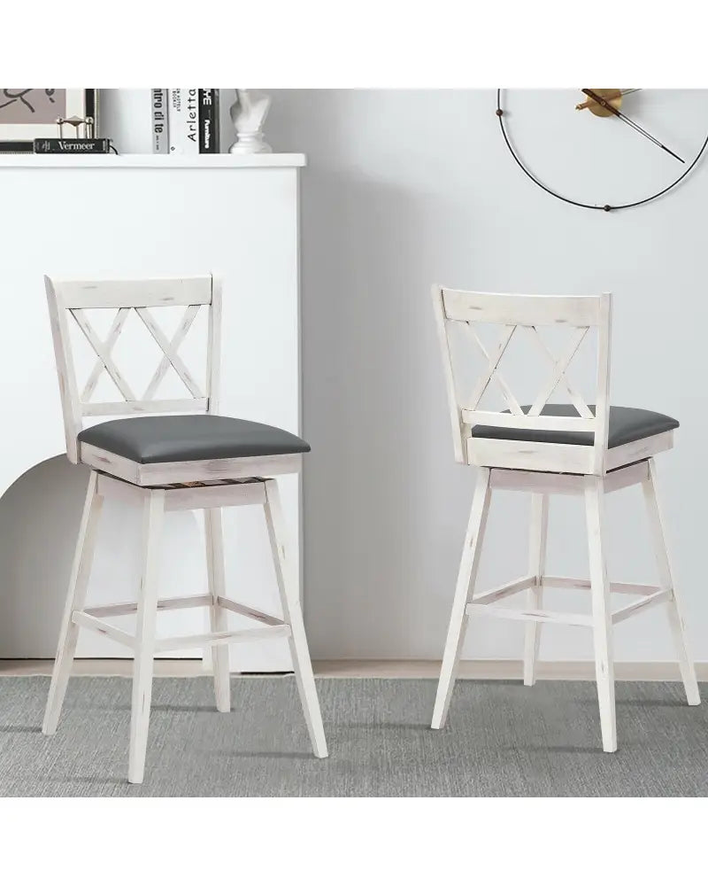 2 Pieces 29 Inches Swivel Counter Height Barstool Set with Rubber Wood Legs-White - White - Bar Stools