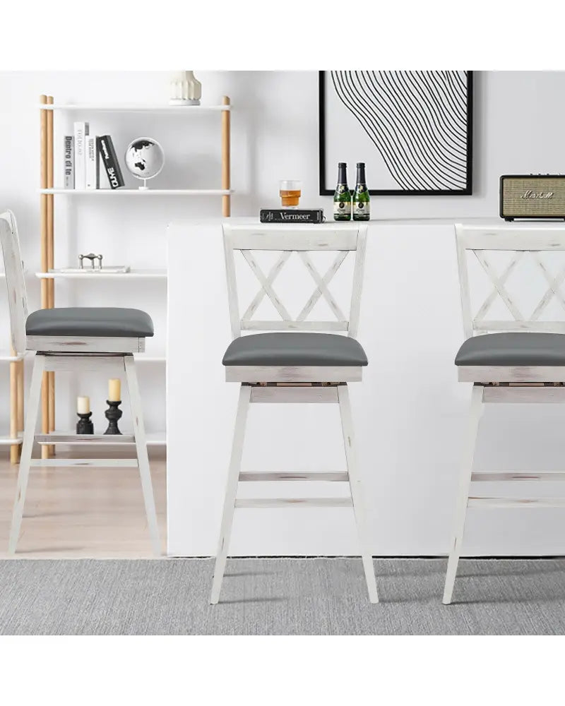 2 Pieces 29 Inches Swivel Counter Height Barstool Set with Rubber Wood Legs-White - White - Bar Stools