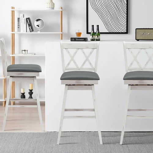 2 Pieces 29 Inches Swivel Counter Height Barstool Set with Rubber Wood Legs-White - White - Bar Stools
