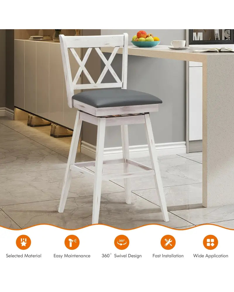 2 Pieces 29 Inches Swivel Counter Height Barstool Set with Rubber Wood Legs-White - White - Bar Stools