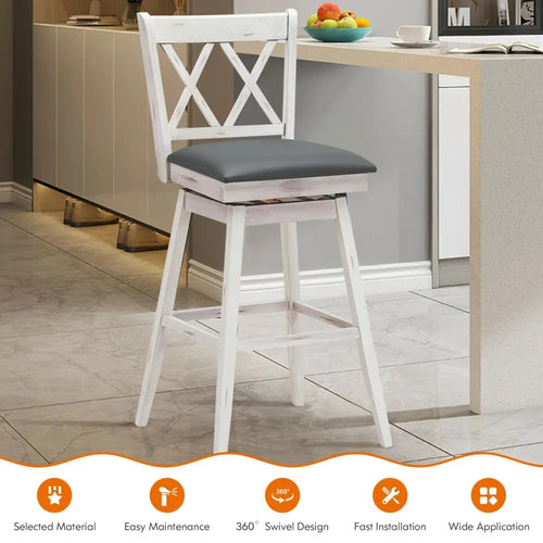 2 Pieces 29 Inches Swivel Counter Height Barstool Set with Rubber Wood Legs-White - White - Bar Stools