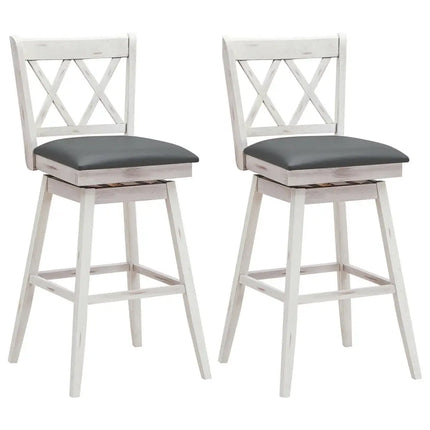 2 Pieces 29 Inches Swivel Counter Height Barstool Set with Rubber Wood Legs-White Costway