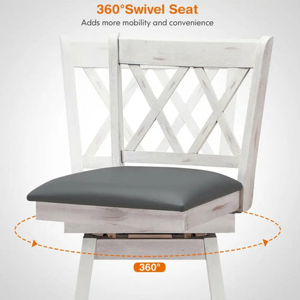2 Pieces 29 Inches Swivel Counter Height Barstool Set with Rubber Wood Legs-White Costway
