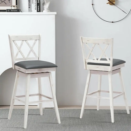 2 Pieces 29 Inches Swivel Counter Height Barstool Set with Rubber Wood Legs-White Costway