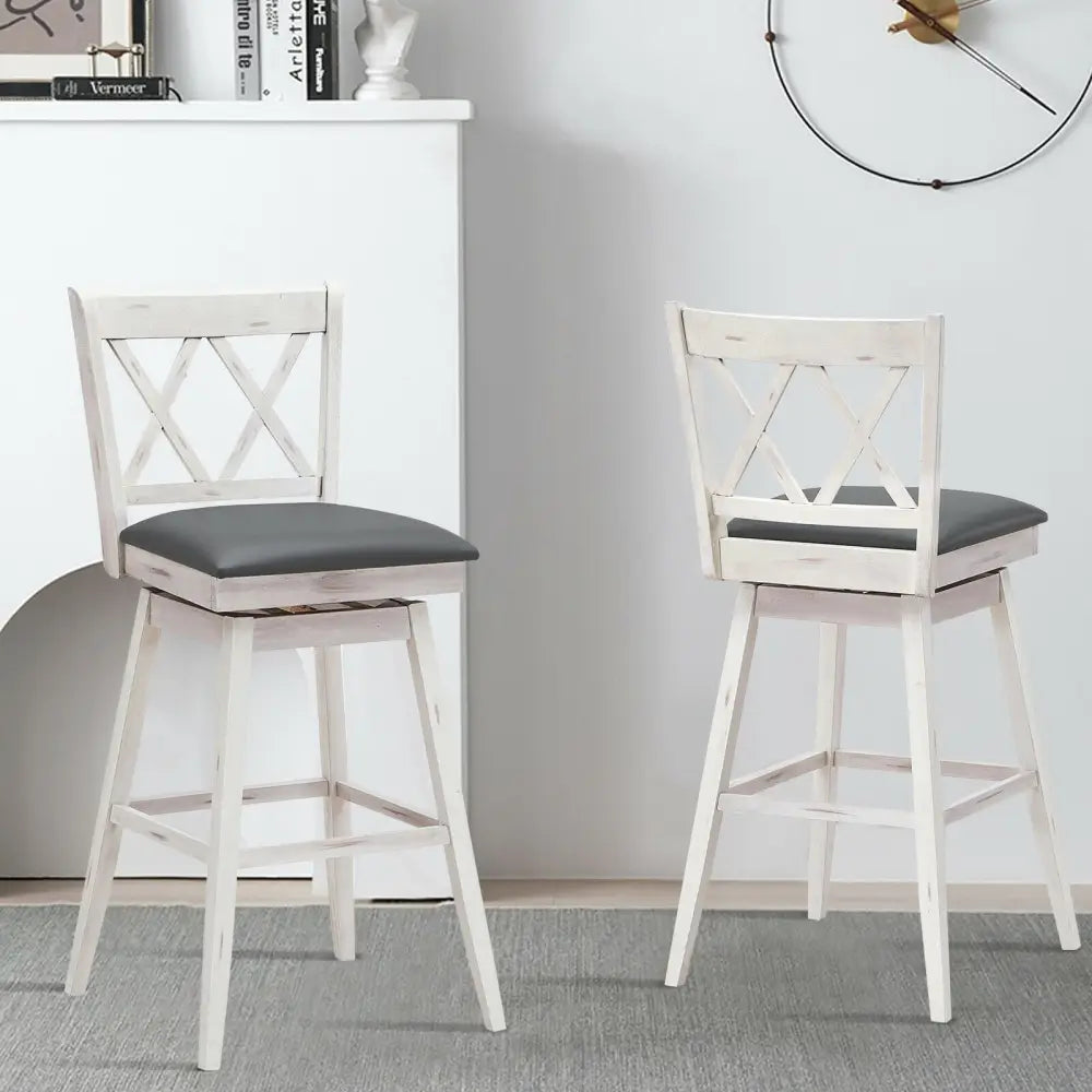 2 Pieces 29 Inches Swivel Counter Height Barstool Set with Rubber Wood Legs-White Costway