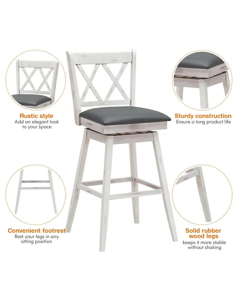 2 Pieces 29 Inches Swivel Counter Height Barstool Set with Rubber Wood Legs-White - White - Bar Stools