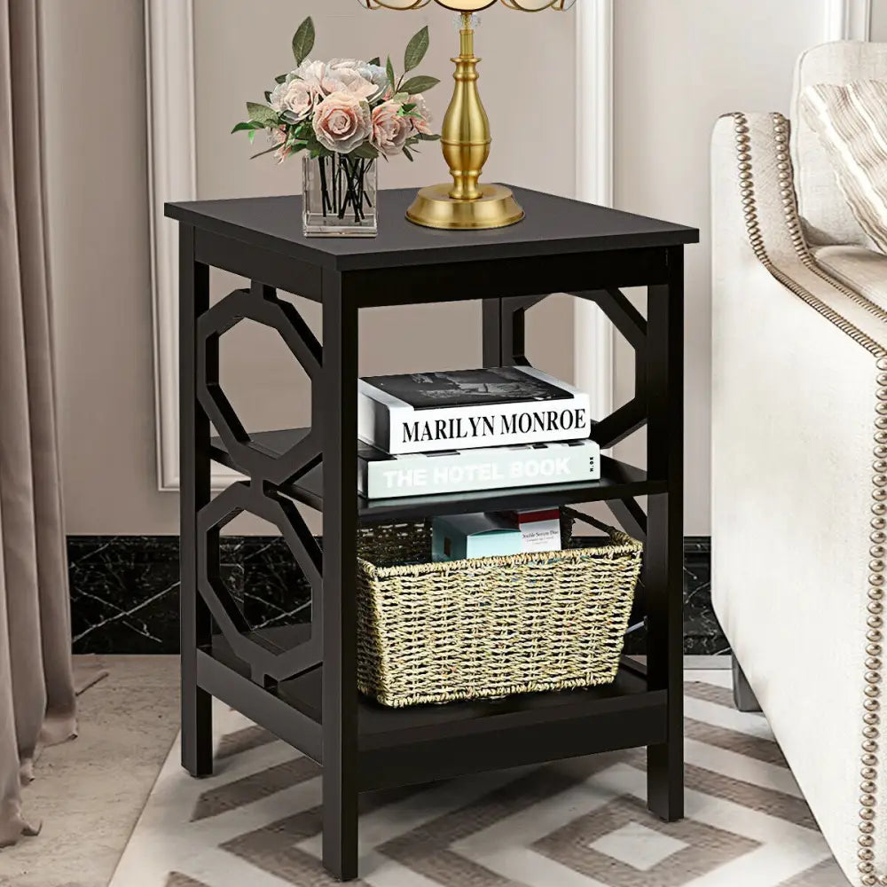 2 Pieces 3-tier Nightstand Sofa Side End Accent Table Storage Display Shelf-Black - Black - End & Side Tables