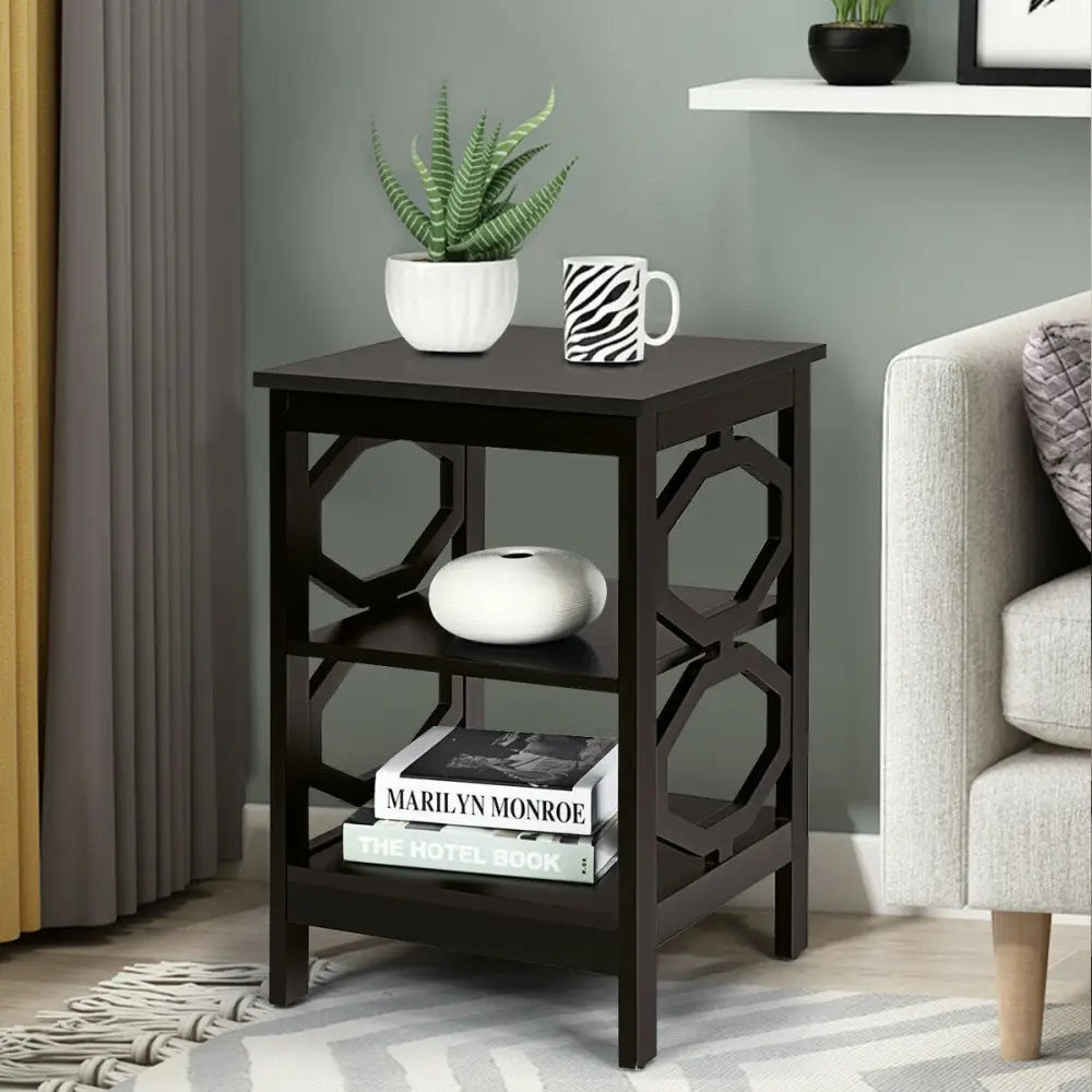2 Pieces 3-tier Nightstand Sofa Side End Accent Table Storage Display Shelf-Black - Black - End & Side Tables