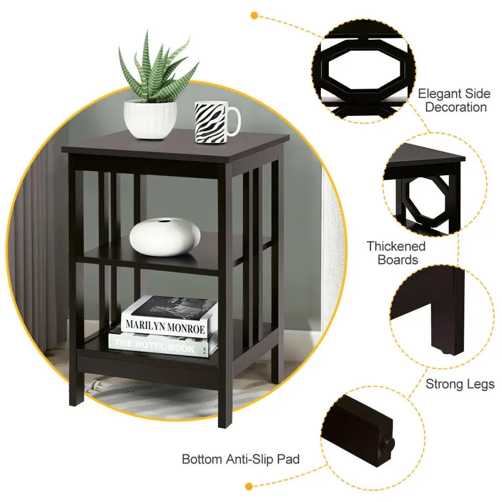 2 Pieces 3-tier Nightstand Sofa Side End Accent Table Storage Display Shelf-Black - Black - End & Side Tables