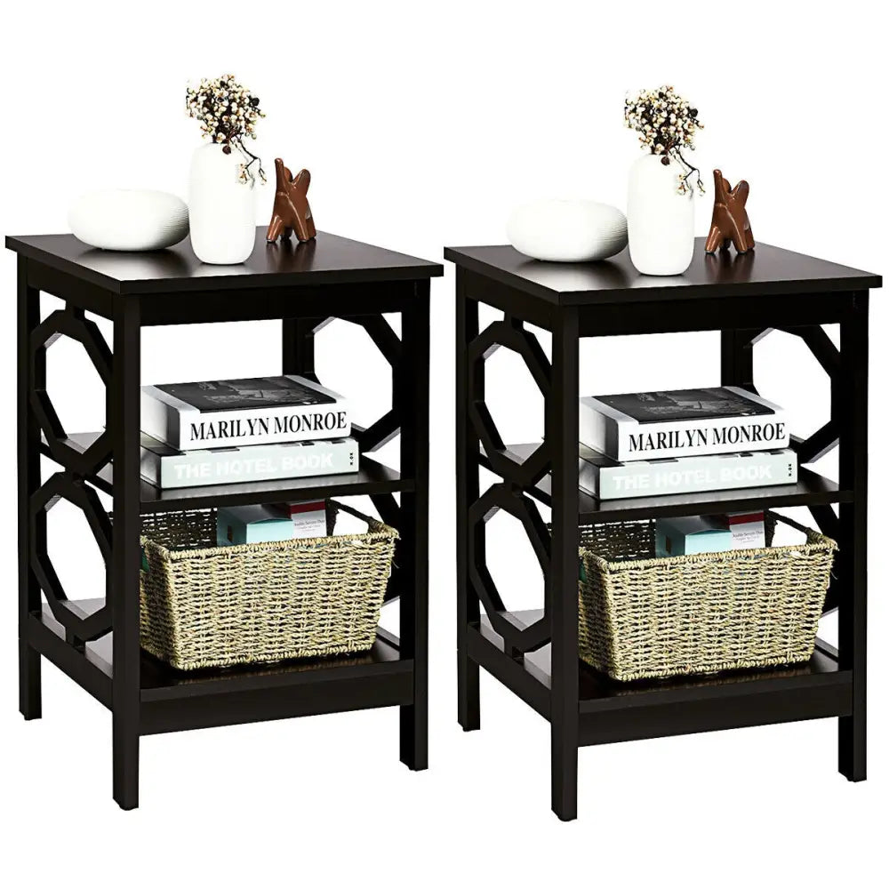 2 Pieces 3-tier Nightstand Sofa Side End Accent Table Storage Display Shelf-Black - Black - End & Side Tables