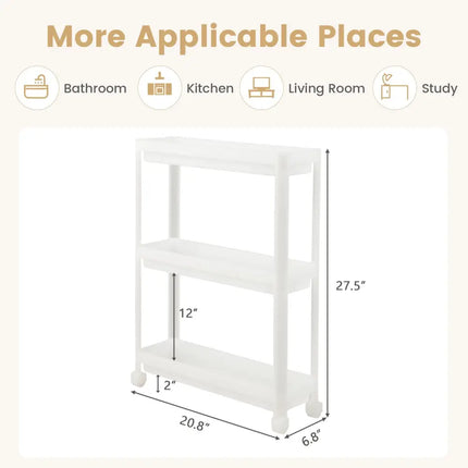 2 Pieces 3-Tier Slim Detachable Storage Cart with Drainage Holes and Wheels-White Costway
