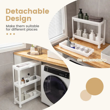2 Pieces 3-Tier Slim Detachable Storage Cart with Drainage Holes and Wheels-White Costway