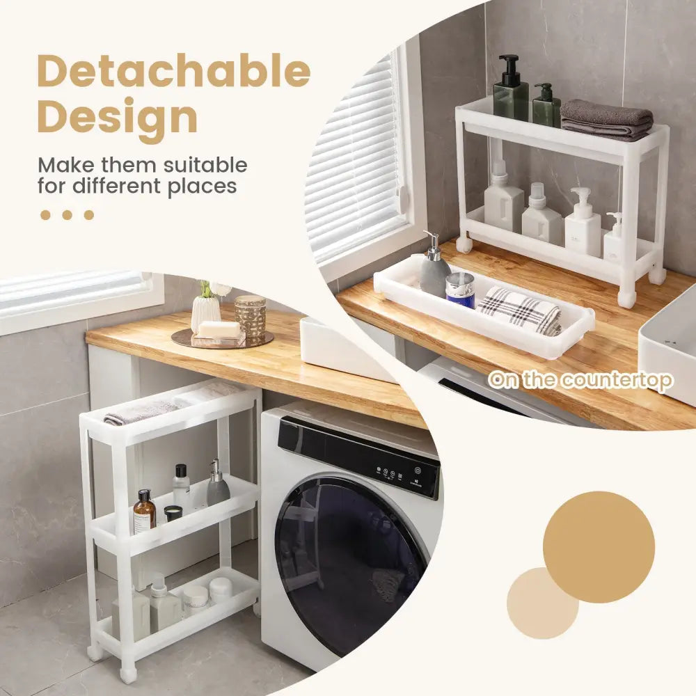 2 Pieces 3-Tier Slim Detachable Storage Cart with Drainage Holes and Wheels-White Costway