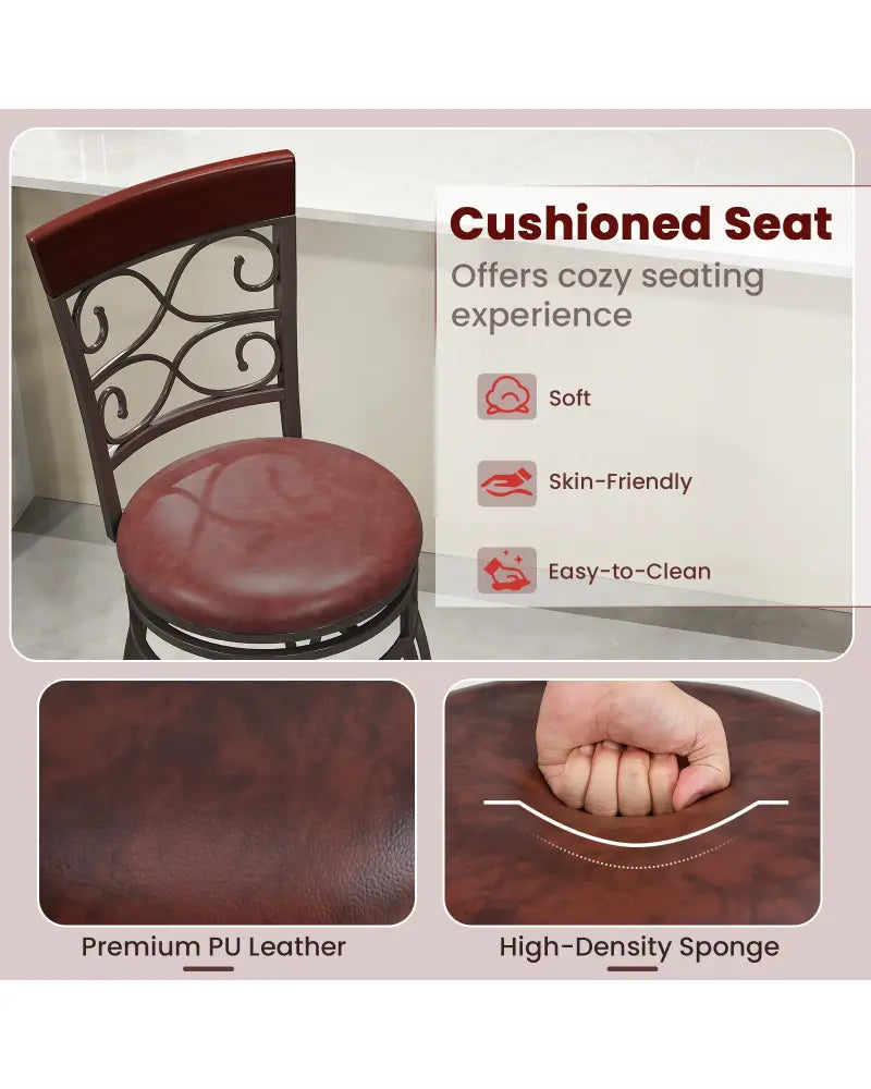 2 Pieces 30 Inch 360 Degree Swivel Bar Stools with Leather Padded Seat-Brown - Brown - Bar Stools
