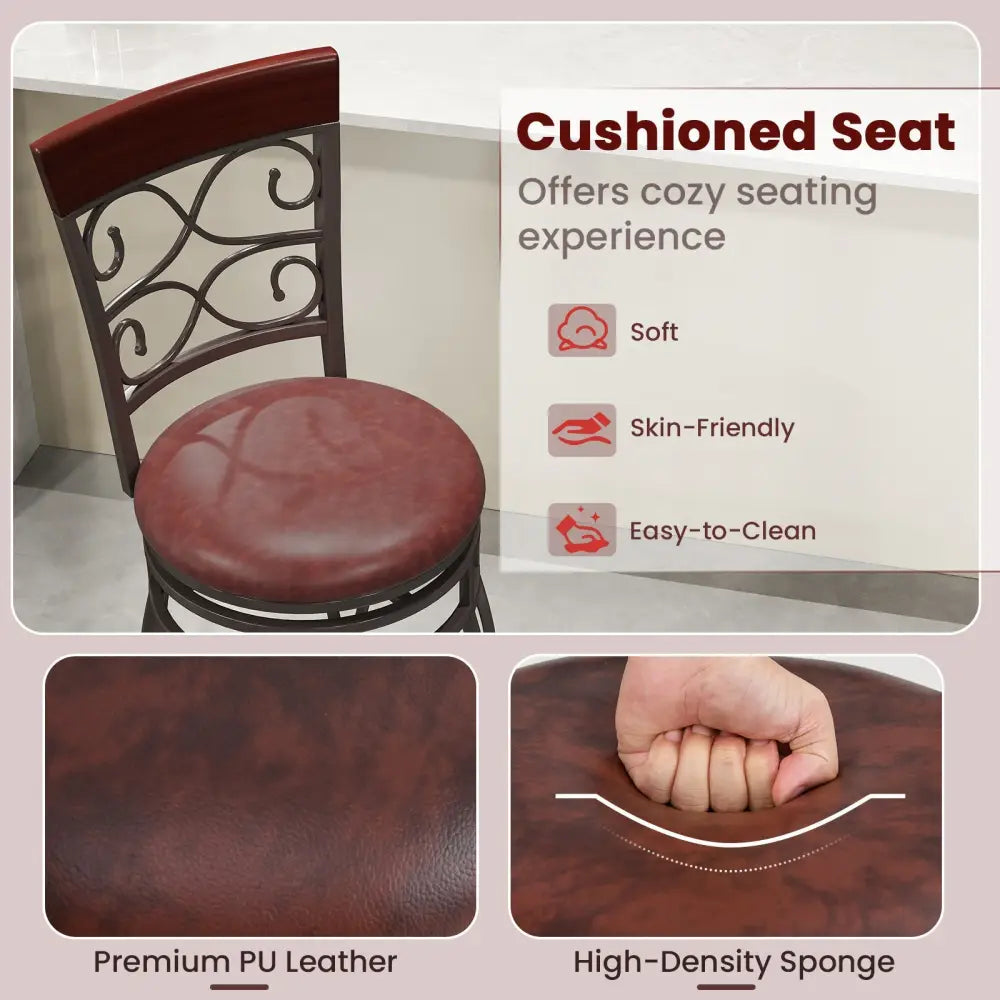 2 Pieces 30 Inch 360 Degree Swivel Bar Stools with Leather Padded Seat-Brown - Brown - Bar Stools