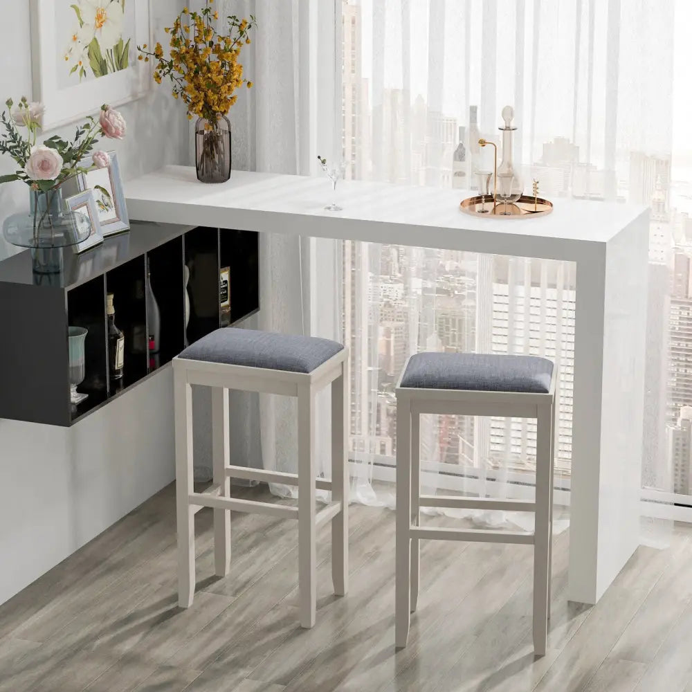 2 Pieces 31 Inch Upholstered Bar Stool Set with Solid Rubber Wood Frame and Footres-Griege Costway