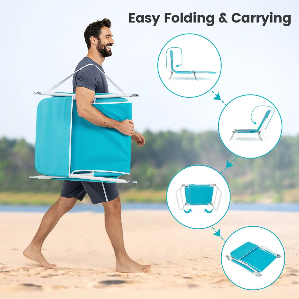 2 Pieces 5-position Lay Flat Beach Recliner with Carry Strap and Metal Frame-Navy - Turquoise - Beach & Lawn Chairs
